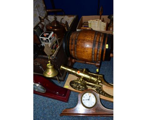 A VICTORIAN PAINTED PINE TRUNK CONTAINING CLOCKS, TOOLS, DRAWING INSTRUMENTS,METALWARES, COLLECTABLES, ETC, together with a b