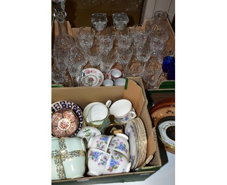 CERAMICS &amp; GLASS, two boxes containing a collection of glass crystal decanters, wine glasses and goblets, Grafton China s