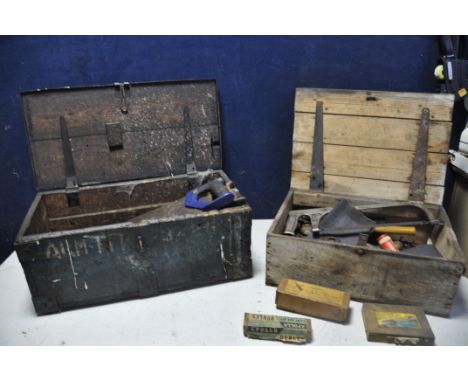 TWO BESPOKE WOODEN TOOL CHESTS containing vintage tools to include stillsons, saws, Cookes hole cutter, hammers, Dormer screw