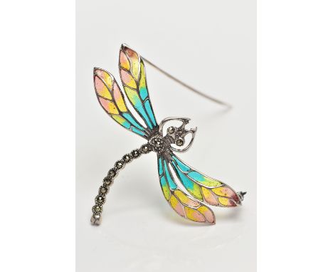 A WHITE METAL PLIQUE A JOUR DRAGONFLY BROOCH/PENDANT, dragonflies body set with marcasite, decorated with red, yellow and blu