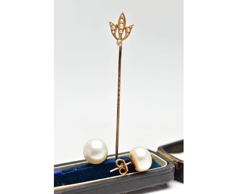 A MID 19TH CENTURY STICK PIN AND A PAIR OF MODERN PEARL EARRINGS, a floral designed stick pin, set with eleven seed pearls an