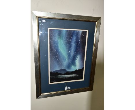 SEVEN FRAMED DECORATIVE PICTURES AND PRINTS, comprising a M. Foster watercolour / gouache depiction of the Northern Lights ov