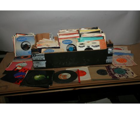 A TRAY CONTAINING OVER TWO HUNDRED 7in SINGLES FROM THE 1950-70s including T Rex, Bad Company, The Beatles, John Lennon, Paul