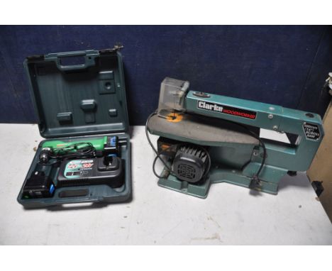 A CLARKE CSS400 SCROLL SAW with blade along with a Hitachi DN12DY cordless angle drill in original case with attatchments (UN