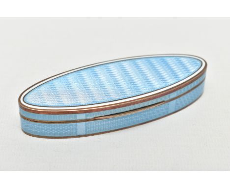 A SILVER GUILLOCHE ENAMEL BOX, of an oval form decorated with a light blue guilloche enamel and a white enamel border, opens 