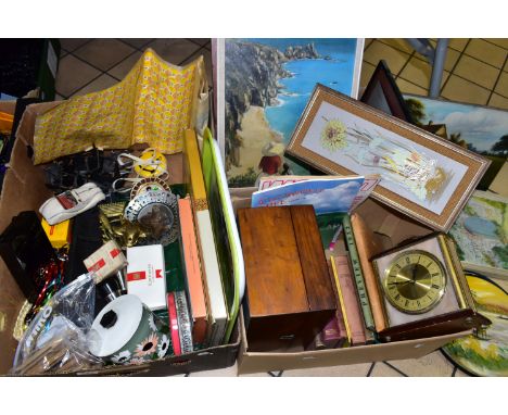 SUNDRIES three boxes of miscellaneous items to include prints, metalware, empty tins and boxes, a vintage diecast model, a mo