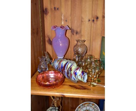 A GROUP OF GLASSWARES, comprising a pink opalescent vase with frilled rim, height 30.5cm, an art glass fish, two Caithness? c