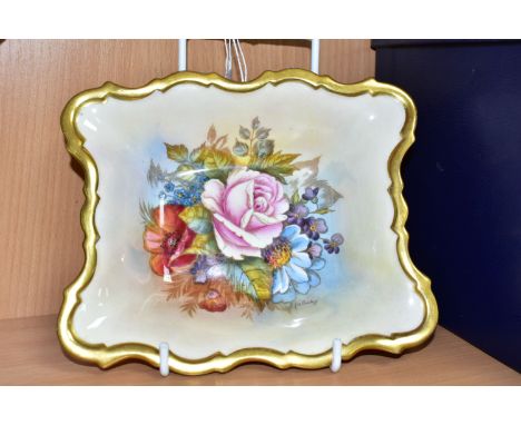 AN AYNSLEY FLORAL DECORATED RECTANGULAR DISH BY J. A. BAILEY, with wavy rim, bears signature, printed and painted marks to ba