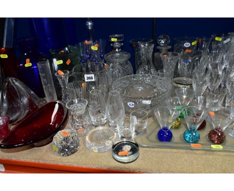 A GROUP OF CLEAR AND COLOURED GLASSWARE, including a 'Marquis by Waterford' vase, Made in Germany, height 16.5cm, a Stuart Cr