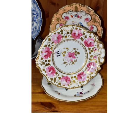 FOUR ASSORTED NINETEENTH CENTURY HANDPAINTED PLATES, comprising an apricot ground plate painted with a basket of flowers, a w