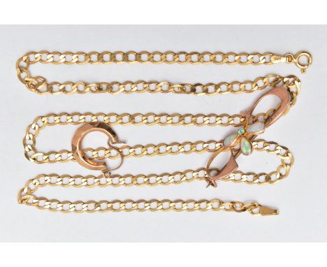 THREE ITEMS OF JEWELLERY, to include a 9ct gold flat curb link chain with lobster clasp, hallmarked Sheffield, approximate le