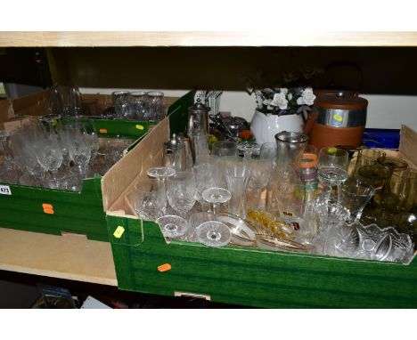 FOUR BOXES AND LOOSE CUT GLASS, DRINKING GLASSES AND SUNDRIES ETC, to include a set of six whiskey tumblers, six champagne fl