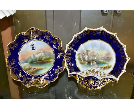 AN AYNSLEY PORTLAND CABINET PLATE AND DESSERT PLATE BY F MICKLEWRIGHT, comprising a wavy edged plate painted with Bothwell Ca