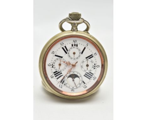 A GOLIATH WHITE METAL, OPEN FACE WATCH, large white dial featuring four subsidiary dials at the twelve, three, six and nine o