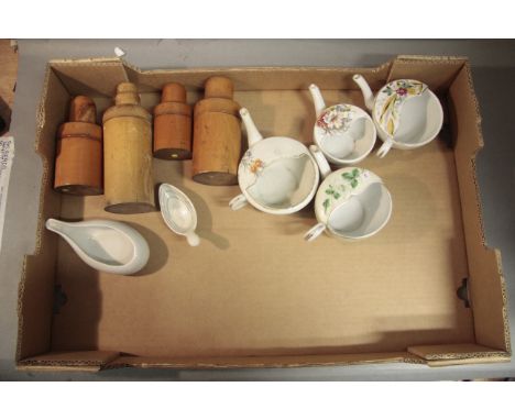 Boxwood Medicine Bottles,  (4), ceramic invalid feeders (4), a medicine spoon and a pap boat.