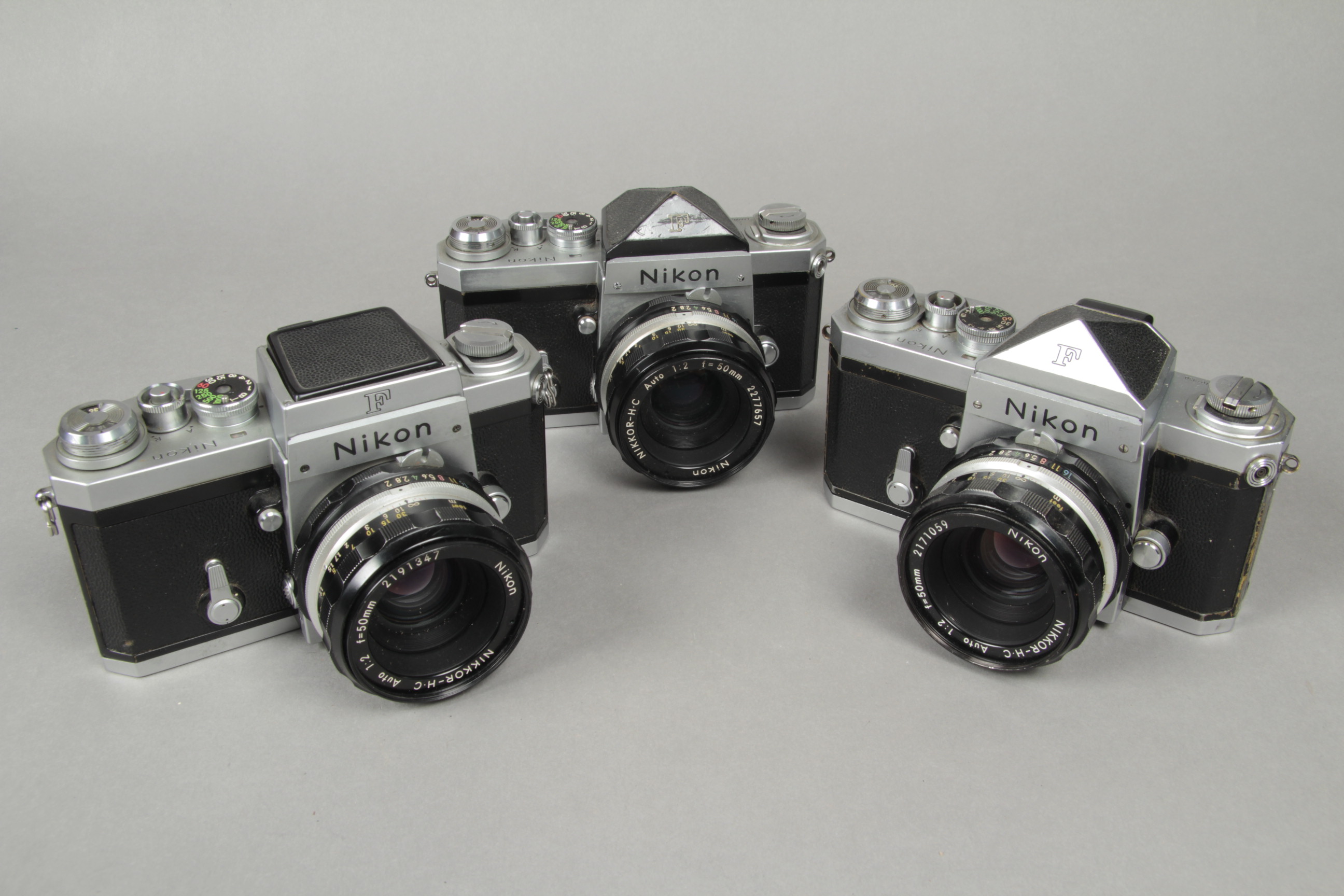 Nikon F Cameras, three chrome examples each with a 50mm F2 NikkorHC (3)