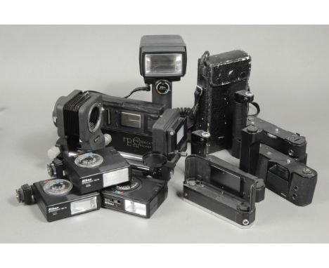 Nikon Accessories, a Forscher Polaroid back, SB-14 flashgun and others, PB-6 Bellows, various motor drives and more (a lot)