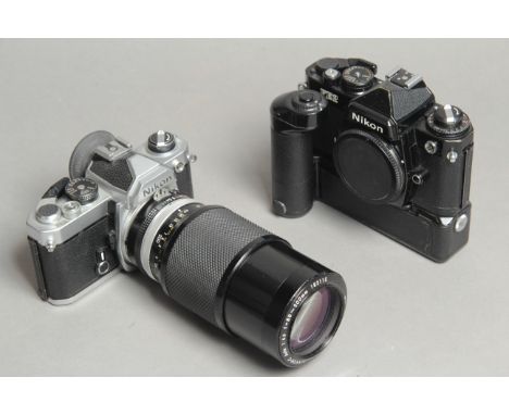 Nikon FM Camera, a chrome body with an 80-200mm F4.5 Zoom Nikkor-C also an FE2 Body with MD12 (2)