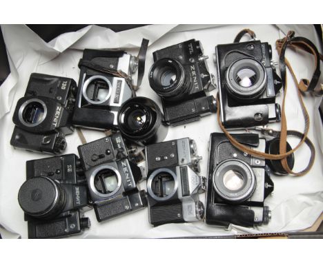 Zenith Cameras, a variety of M42 mount versions with a 37mm F2.8 Mir-1 lens, a 1980 Olympic Photosniper kit in metal case (2)