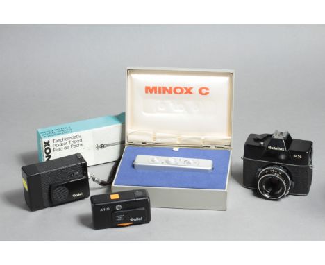 Rollei and Minox Cameras,  Rollei A110, A26 and SL26 cameras, a Minox C with case and tripod (a lot)