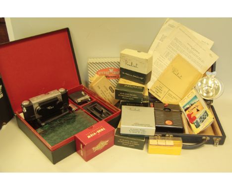 David White Stereo Realist Camera Outfit, with original paperwork and manuals, a qty of stereo slide mounts and several viewe