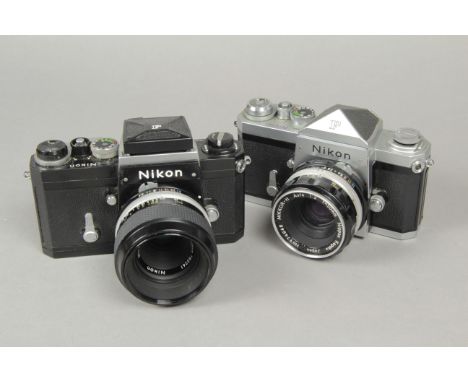 Nikon F Cameras, a black version with a 55mm F3.5 Micro Nikkor, a chrome version with a 50mm F2 lens (2)