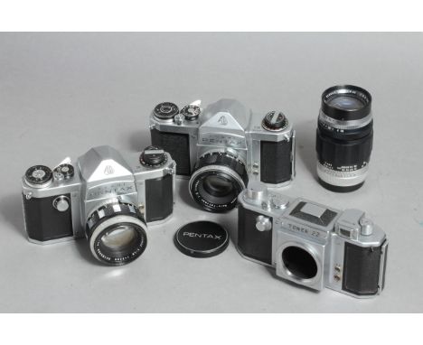 Ashai Pentax Cameras, a 1959 'K' model, an H2, a 'Tower 22' branded body with a period 135mm F3.5 Takumar lens (a lot)