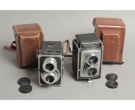 Mamiyaflex Junior Camera, the first Mamiya TLR, Neocon lens, makers case and caps with a Super Ricohflex (2)