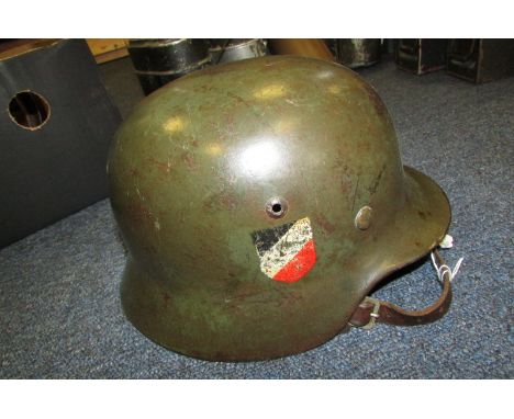 German Headwear - M35 double decal early Army helmet. Eagle 50% present tri-colour 60% present. Includes maker marked strap a