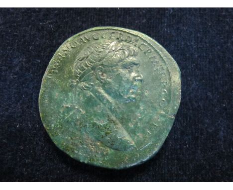 Trajan brass sestertius, Rome Mint 106 A.D., reverse reads:- S P Q R OPTIMO PRINCIPI S C, Annona standing left, holding corn-