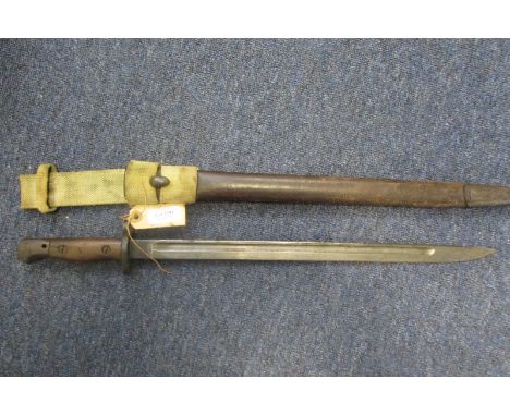 Bayonet: P07 by Sanderson dated August 1918. In its steel mounted leather scabbard with teardrop stud and WW2 web frog. Gener