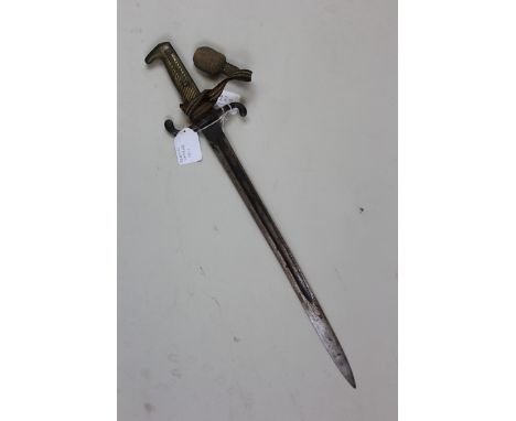 Bayonet: German Model 1871 bayonet with green and white Troddel knot. No scabbard. Worn overall. Leaf spring slightly off a/f