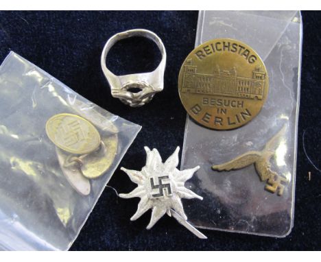 German WW2 luftwaffe ring with small brass luftwaffe badge German pair of cufflinks mountain troops badge and reichstag besuc