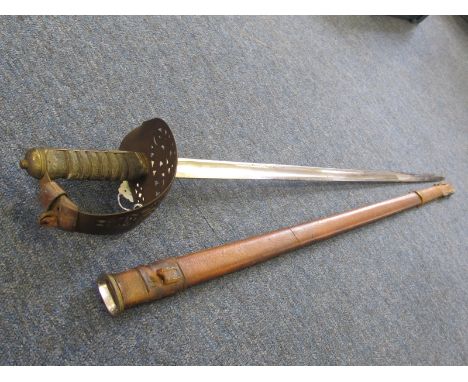 Sword: An 1895 Pattern Infantry Officers sword. Steel bowl with George V Cypher. Plain blade 32", wirebound fishskin grip. In