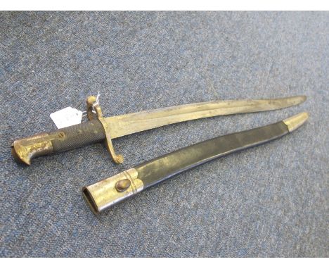 Bayonet: Pattern 1856 sword bayonet for volunteers. Ricasso marked '30' crossguard '300'. Sold out of service mark. In good o