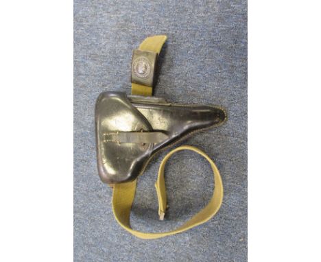 German P38 black pistol holster rear stamped EWX 1944 P38, on tropical army belt leather stamped 1941 with manufactures full 