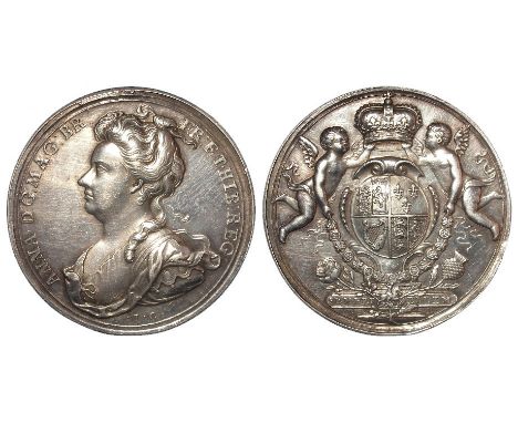 British Commemorative Medallion, silver d.34mm: Union of England and Scotland 1707, infant genii type by J. Croker, Eimer no.