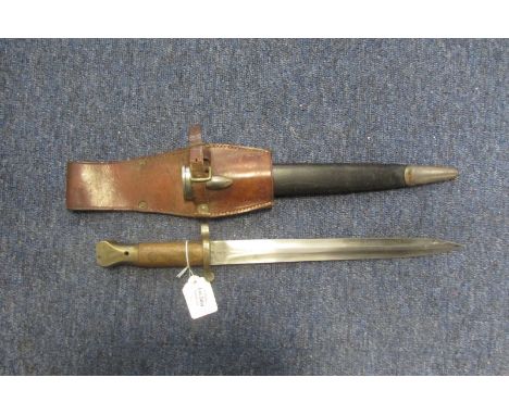 Bayonet: Pattern 1888 MK III bayonet in its steel mounted leather scabbard made by Mole in May 1902 with WD inspection marks.