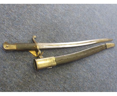 Bayonet: A scarce British Whitworth sword bayonet (approved 18.12.1863) Model 1863 in its steel mounted leather scabbard (sti