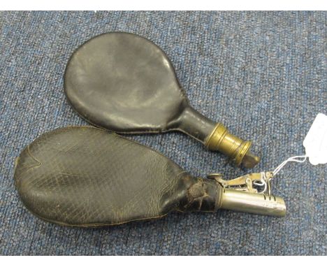 Militaria: leather 19th century shot flasks. A bag shaped leather flask by DIXON & Co. Sheffield hallmarks to silver spout, l