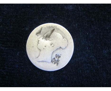 Countermarked Victorian Sixpence 1850 Fair with crowned AC over N?? to right of portrait.
