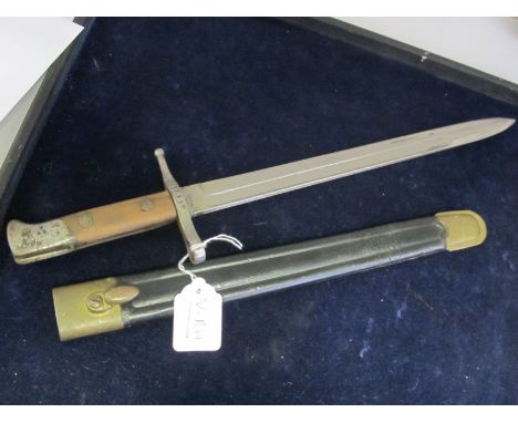 Bayonet: Italian Carcano Model 1891 knife bayonet in its steel mounted leather scabbard (undated). Blade ricasso marked 'TERN