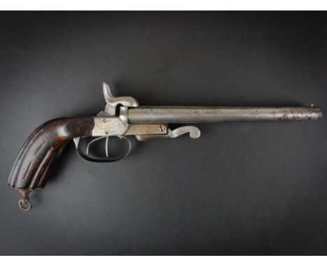 Pistol: A double barrelled pinfire rifled pistol. Barrels 7.5". Light and medium pitting. Crisp action, twin hammers work wel