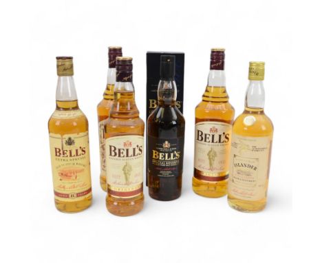 Six bottles of Bells Scotch whisky, including Special Reserve and Islander, various contents and proof  