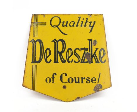Shield shaped enamel advertising sign, 'Mine's a Minor' to one side and 'Quality De Reszke of Course' to the other, H38cm