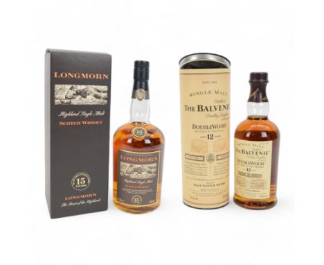 Longmorn, 15 year old, single Highland malt whisky 1 liter, 45% vol and Balvenie Doublewood 12 year old malt Scotch whisky, 7