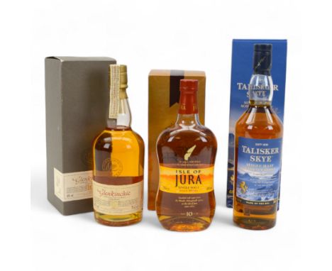 Mixed single malt whisky; Glenkinchie 10 year old lowland single malt Scotch whisky, Jura, 10 year old single malt whisky and