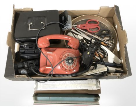 A group of binoculars, vintage telephone hand set, cash tin, rules, scissors (1 box)