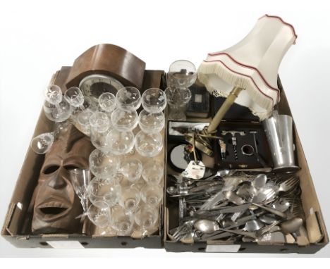 Assorted EPNS cutlery, hardwood mask, etched wine glasses, Deco mantle clock, wine opening set, table lamp etc (2 boxes)