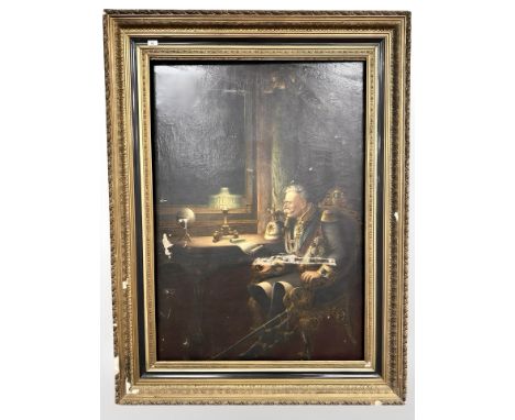 19th century School : Portrait print of a military figure seated by a desk, oil on canvas, 86 cm x 123 cm. CONDITION REPORT: 